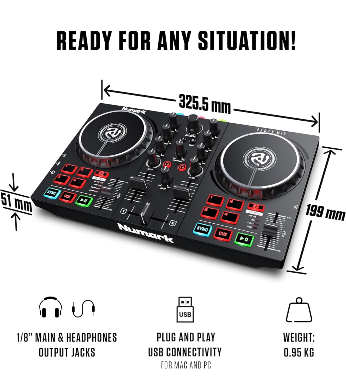 Numark Party Mix II - DJ Controller with Party Lights, DJ Set with 2 Decks, DJ Mixer, Audio Interface and USB Connectivity + Serato DJ Lite