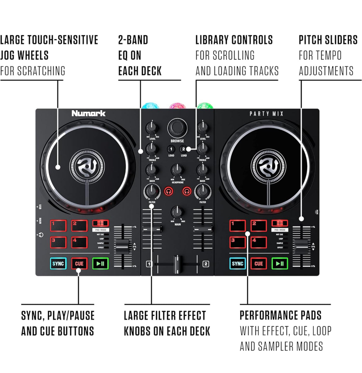 Numark Party Mix II - DJ Controller with Party Lights, DJ Set with 2 Decks, DJ Mixer, Audio Interface and USB Connectivity + Serato DJ Lite