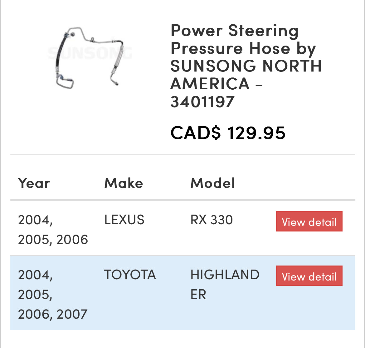 Power Steering hose Sunsong 3401197 Lexus Toyota
